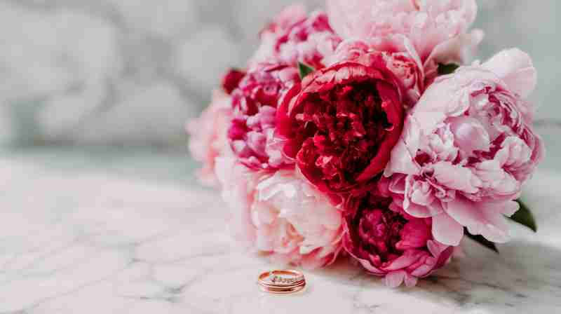 Pink peonies and wedding rings