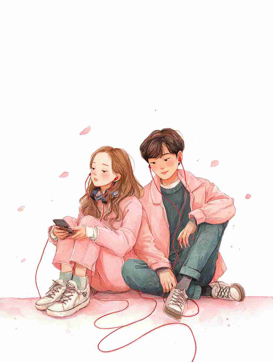 Korean couple sharing earphones illustration